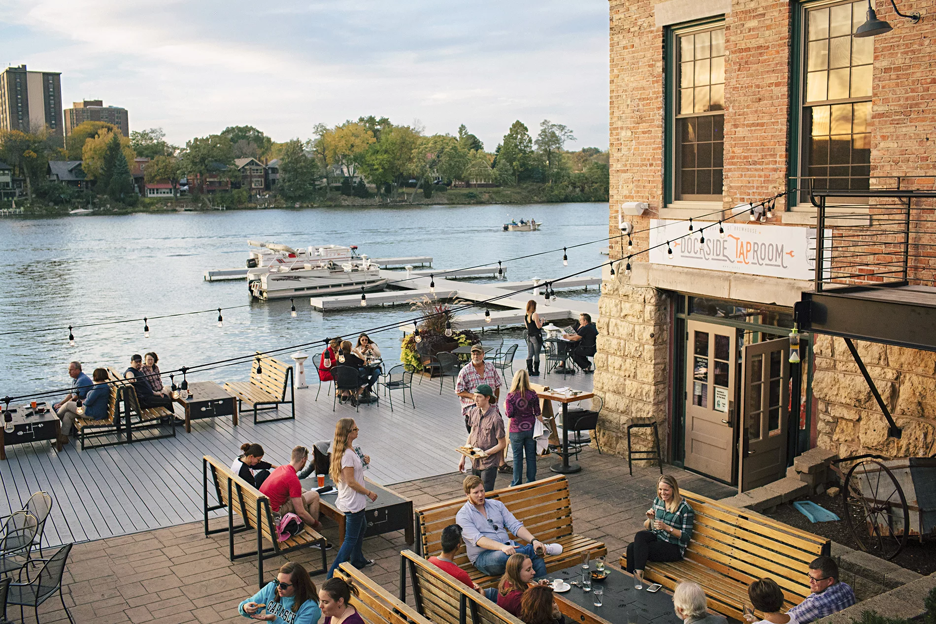 Rockford, Illinois -- Friday, October 20, 2017  On one of the last warm days of the year, people enjoy the patio at the Prairie Street Brewery in Rockford, Illinois.  Alyssa Schukar for Travel Illinois