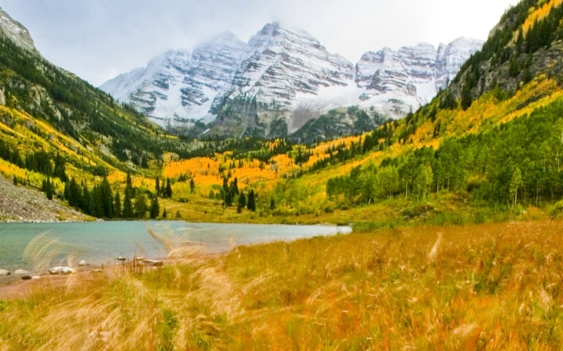 Fall color surrounds the Maroon Bells