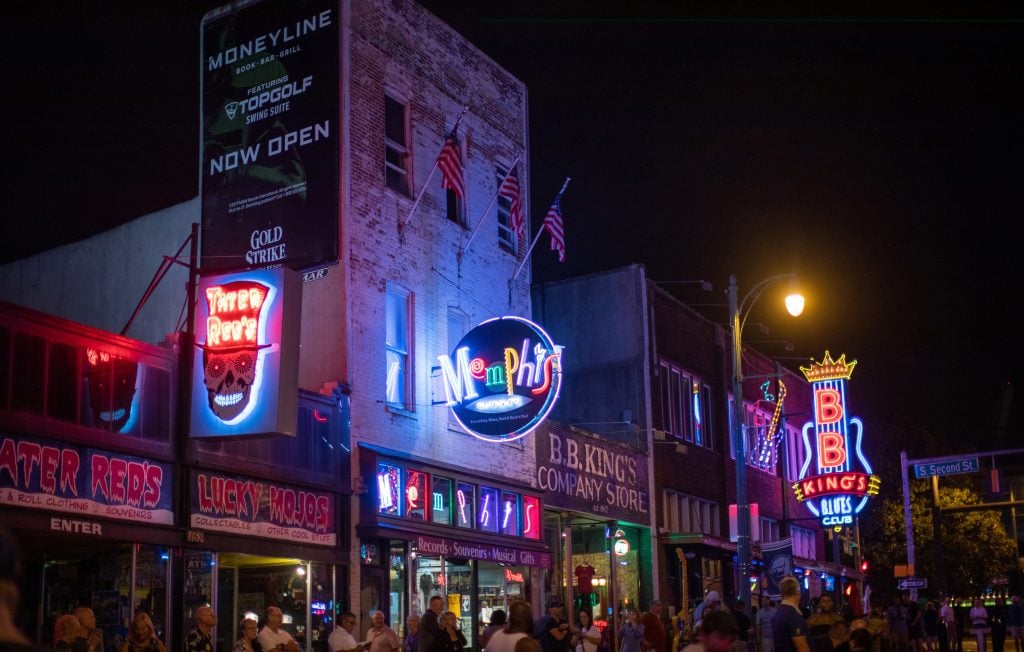 Nighttime on Beale Street in downtown Memphis, Tennessee.