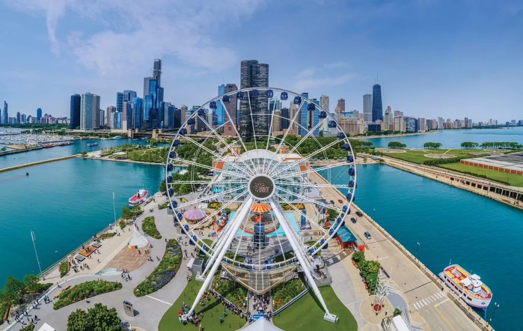 Illinois Aerial drone shot of Navy Pier
