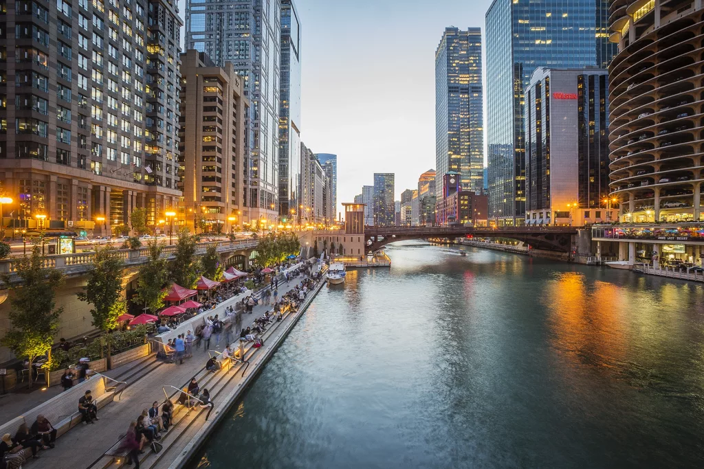 Illinois Chicago Riverwalk Evening