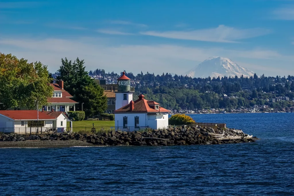 Seattle Alki Point Lighthouse Mount Rainer