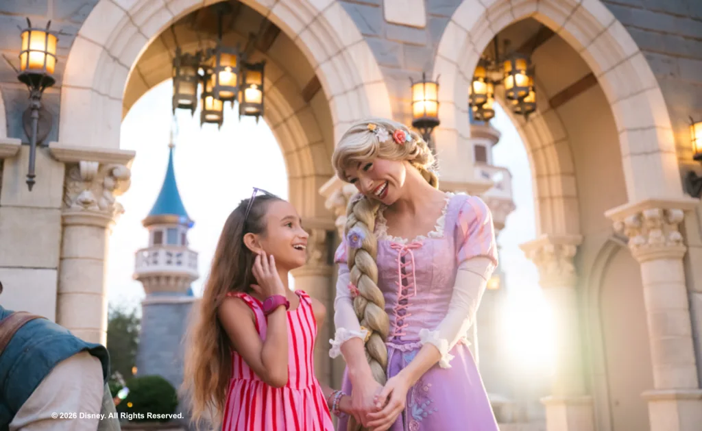 WDW Resort in Florida - Guest meeting Rapunzel Cinderalla Castle