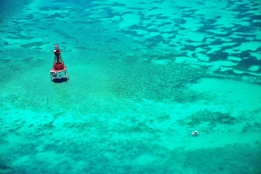 SUGARLOAF KEY, Florida Keys — The American Shoal lighthouse is one of eight located throughout the Florida Keys. Completed in 1880, the lighthouse is technically deactivated but is still used as a day beacon. The light is 109 feet above the water line, while the lighthouse keeper's quarters is on a platform 40 feet over the water. (Rob O'Neal/Florida Keys News Bureau)