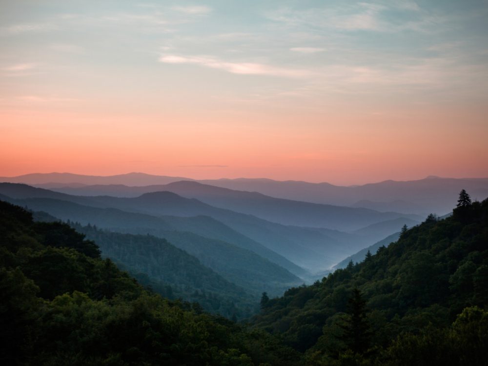 Sunset at The Great Smoky Mountains National Park near Gatlinburg, Tennessee.